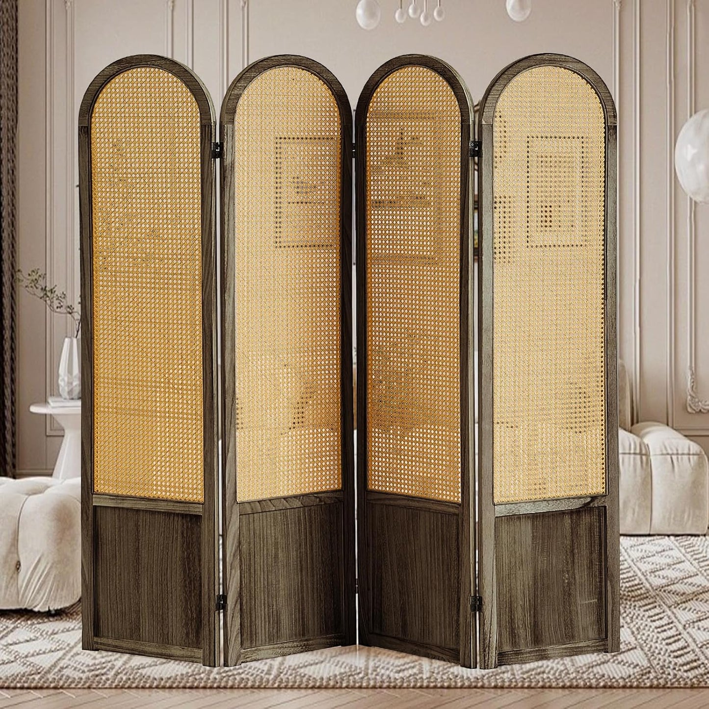 Room Divider Panel, 3 Panel Roomdivider Wall, Wood Room Dividers and Folding Privacy Screens, Rattan Partition Room Dividers, Privacy Dividers for Rooms, Bedroom, Dining Room, Black