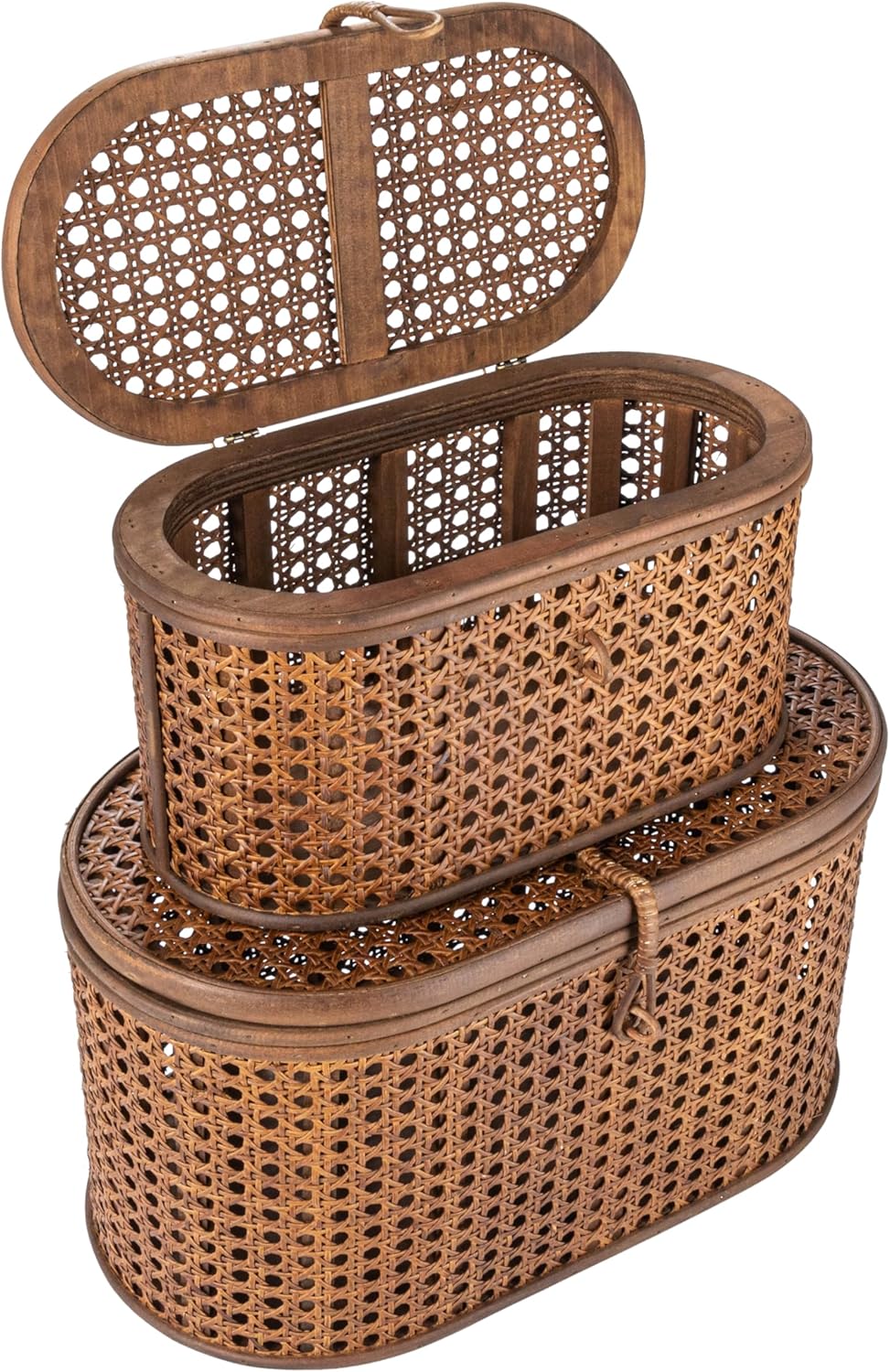 Modern Decorative Oval Woven Rattan Storage Boxes, Set of 2 Sizes, Dark Brown Finish