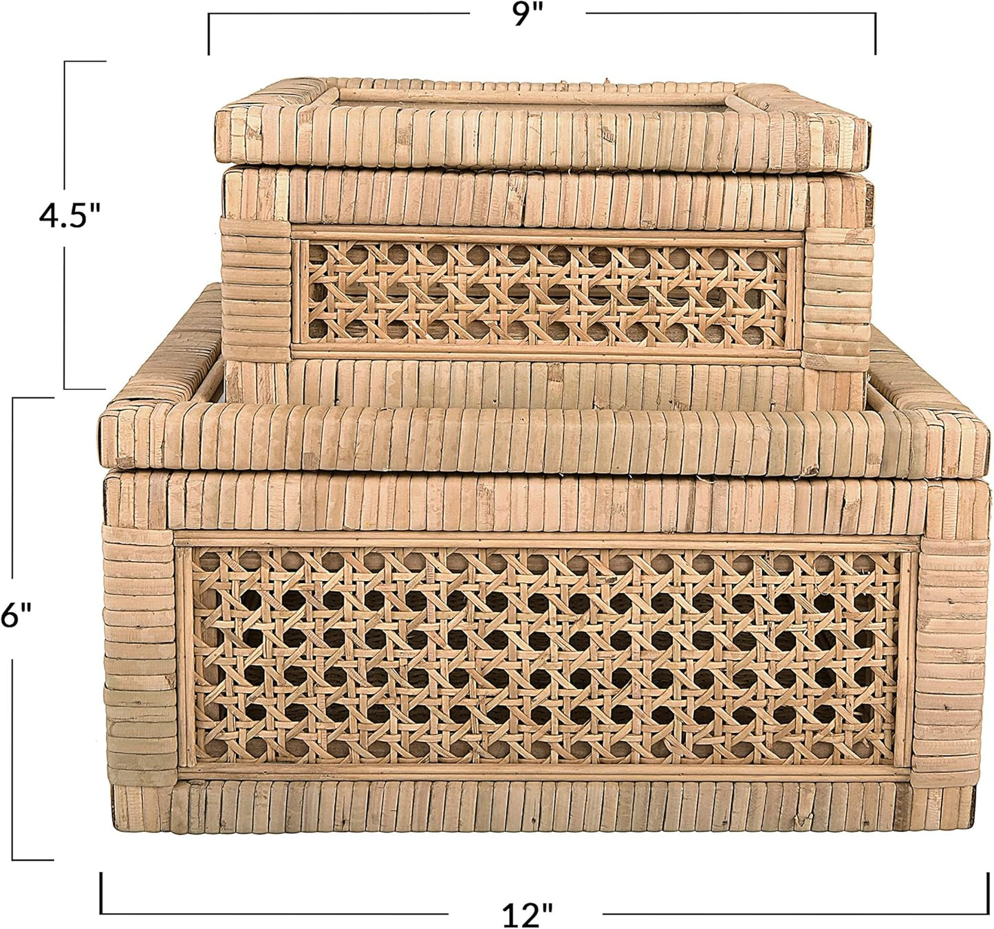 Creative Co-Op Modern Decorative Square Woven Rattan and Wood Display Boxes with Glass Top, Set of 2 Sizes, Natural Finish