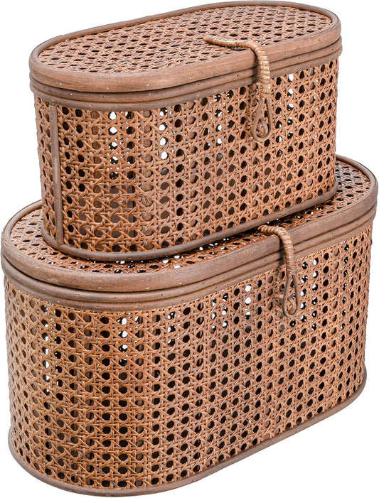 Modern Decorative Oval Woven Rattan Storage Boxes, Set of 2 Sizes, Dark Brown Finish