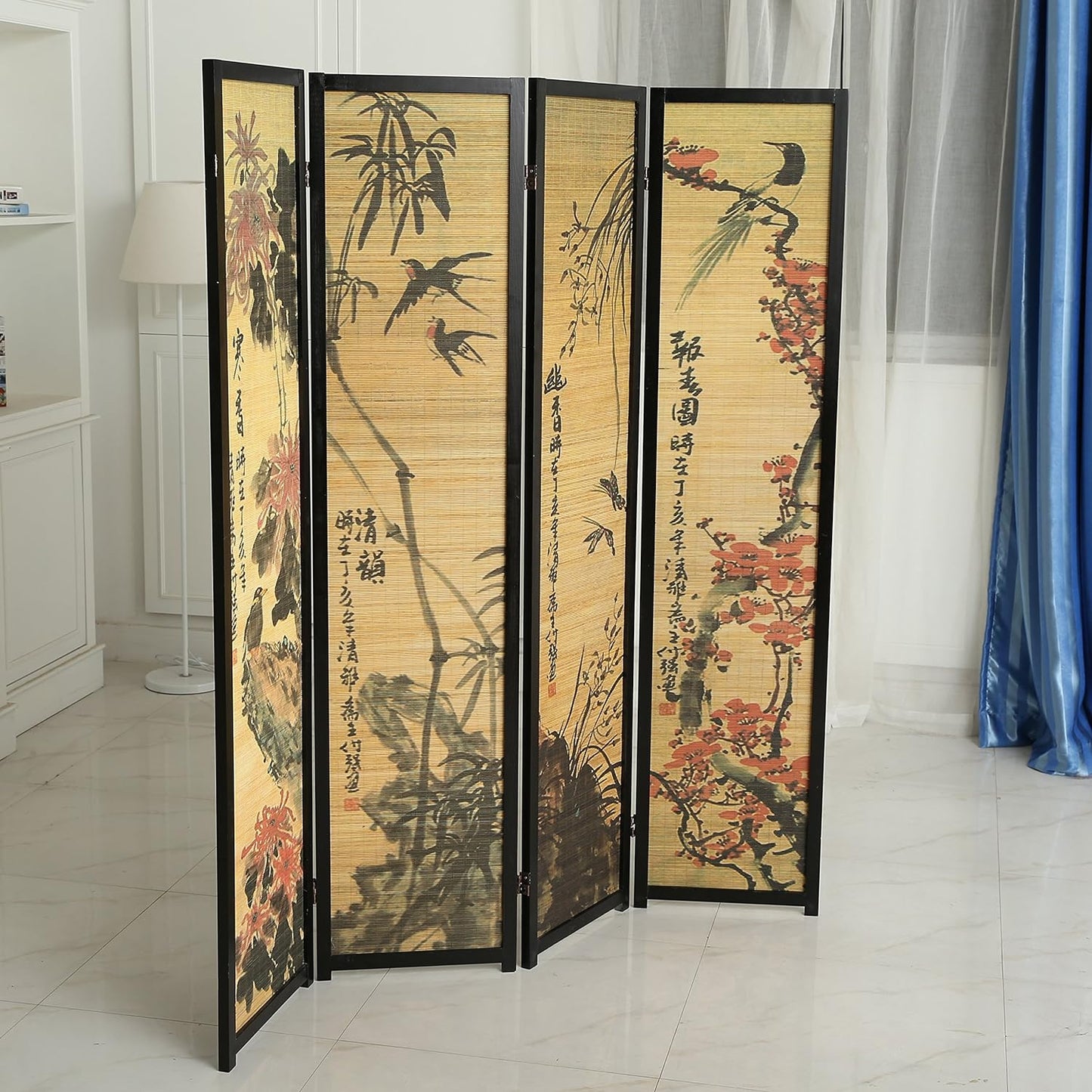 MyGift Decorative 4 Panel Folding Room Divider Bamboo Screen with Chinese Calligraphy Design, 6FT Freestanding Floral Artwork Room Partitioner with Black Wood Frame