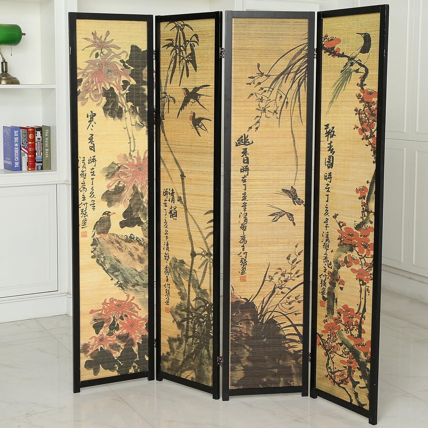 MyGift Decorative 4 Panel Folding Room Divider Bamboo Screen with Chinese Calligraphy Design, 6FT Freestanding Floral Artwork Room Partitioner with Black Wood Frame