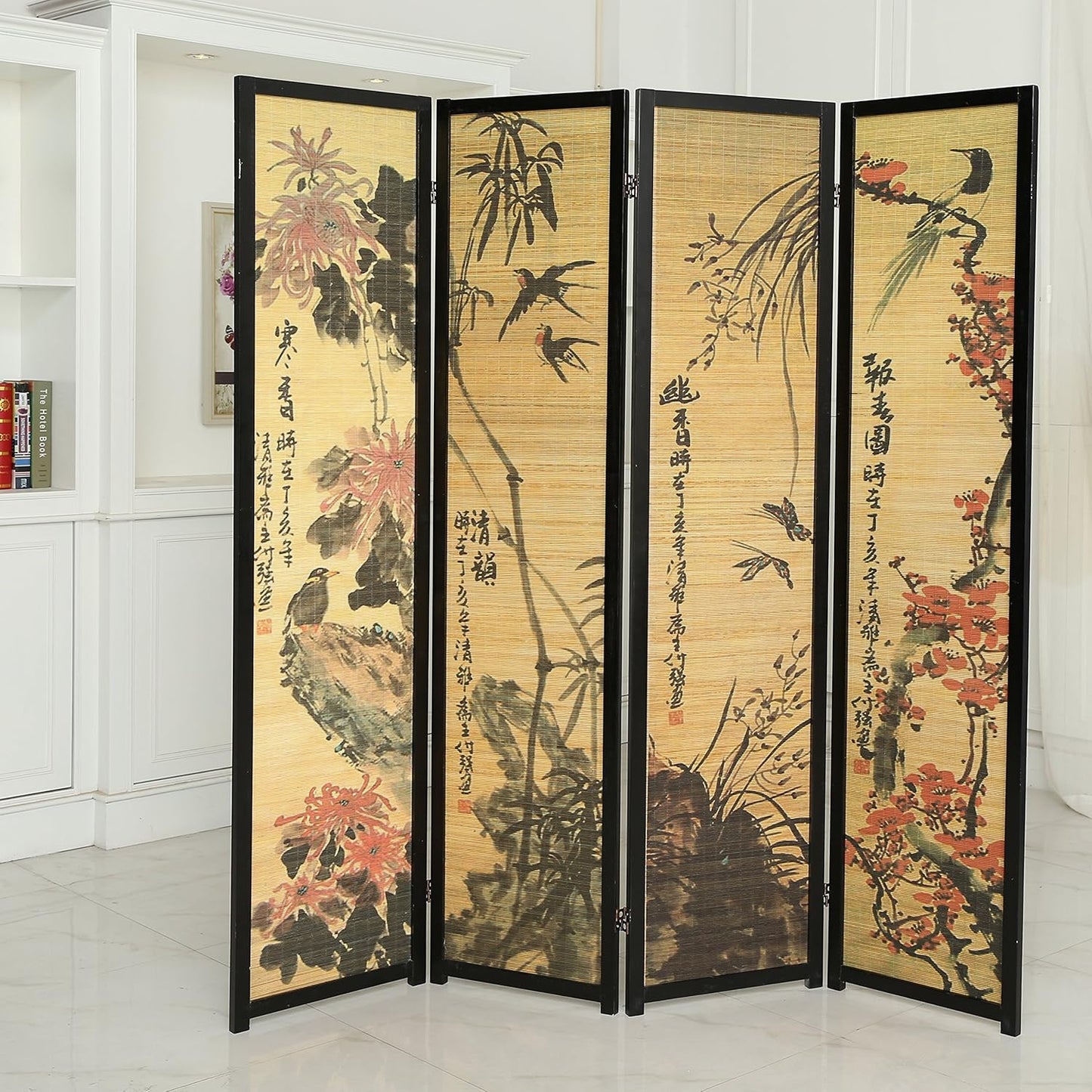 MyGift Decorative 4 Panel Folding Room Divider Bamboo Screen with Chinese Calligraphy Design, 6FT Freestanding Floral Artwork Room Partitioner with Black Wood Frame